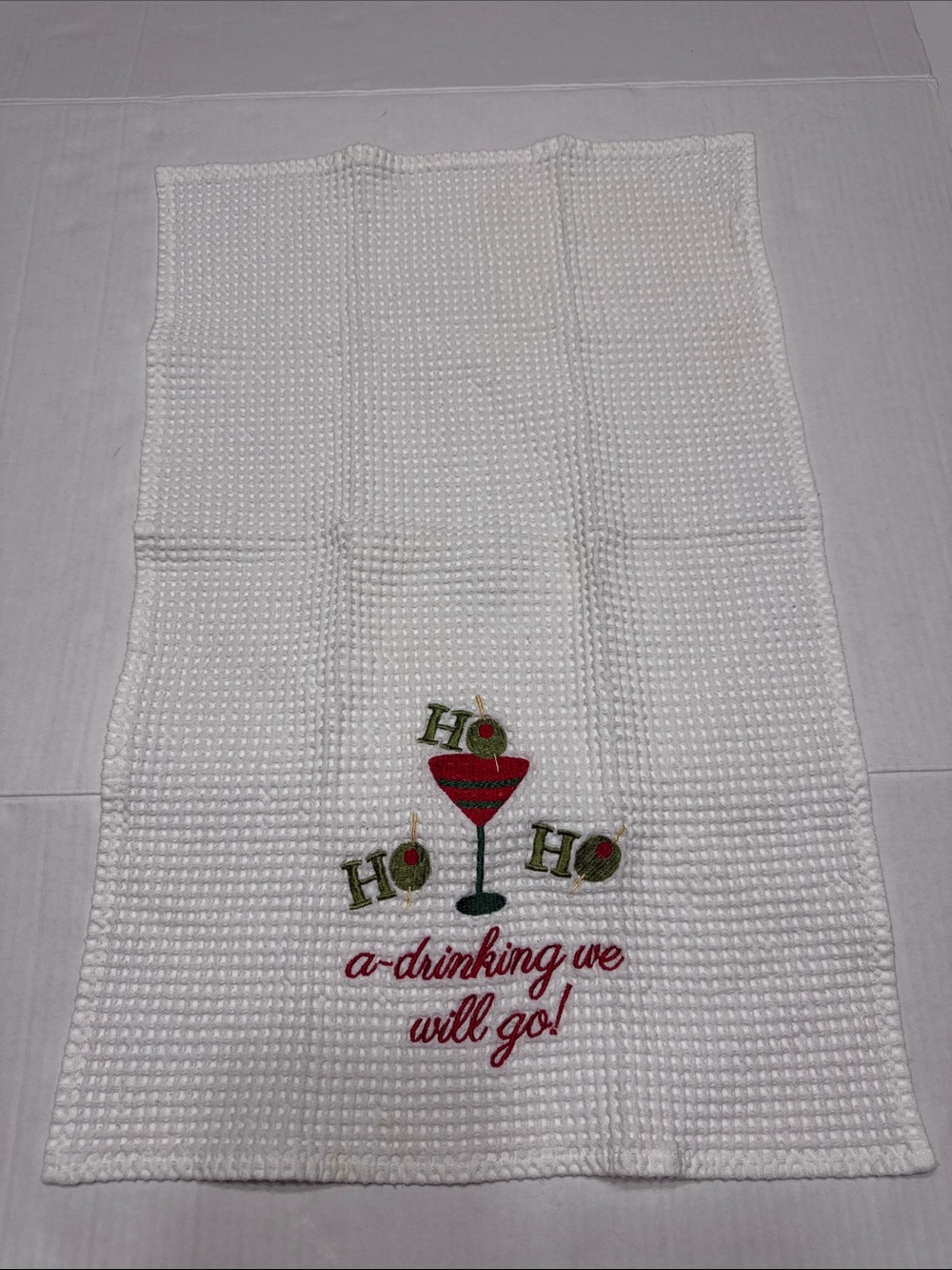 Holiday Cocktail Embroidered Kitchen Towel - White with Red & Green
